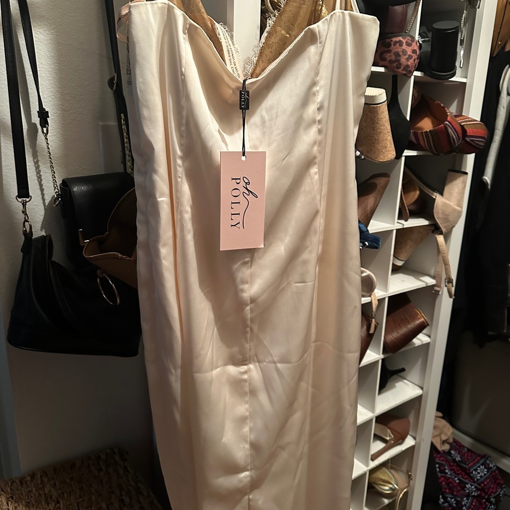 Oh Polly! Cadenza ivory satin midi dress with lace panel - Picture 11 of 15